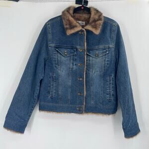 Vintage Marvin Richards Denim Jean Jacket Faux Fur Lined Button Large Women Y2K